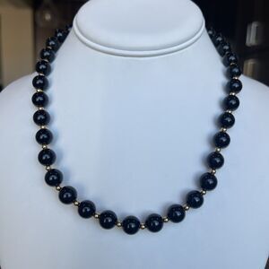 Vintage Monet Black Round Plastic Bead Gold Spacer 18” Necklace Signed